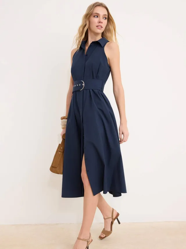 Trendyol TRENDYOLMİLLA Dames Donkerblauw Effen Midi Mouwloos Casual Blousejurk Jurken Marineblauw/Blauw