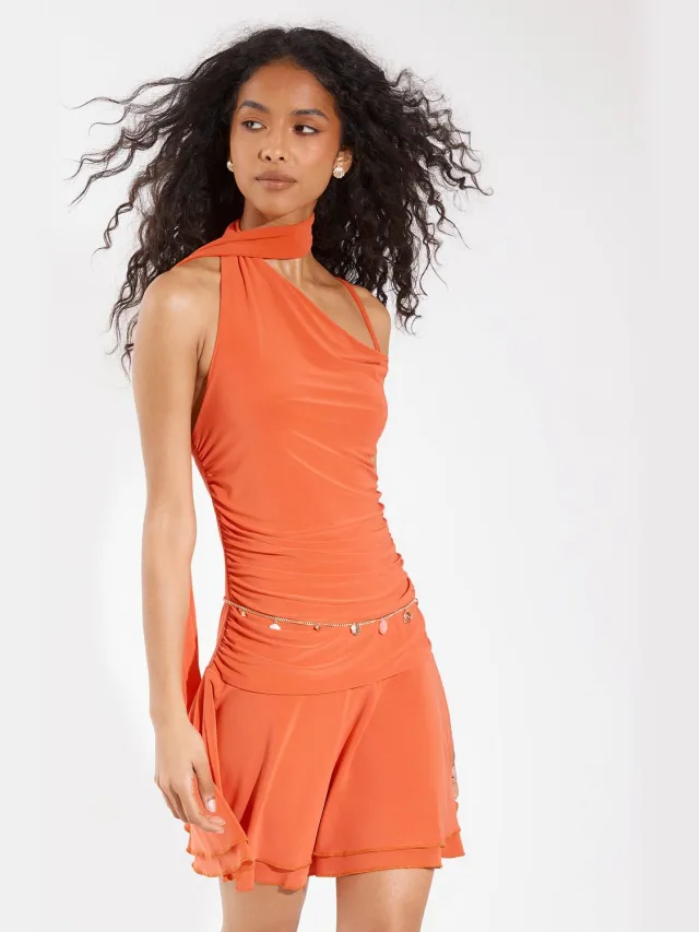 boohoo Dames Jurk Met Éen Schouder En Geplooid Middel oranje, foto 2