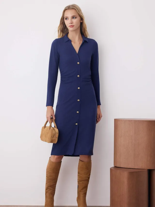 Trendyol TRENDYOLMİLLA Dames Donkerblauw Effen Midi Lang Casual Bodycon Jurken Marineblauw/Blauw