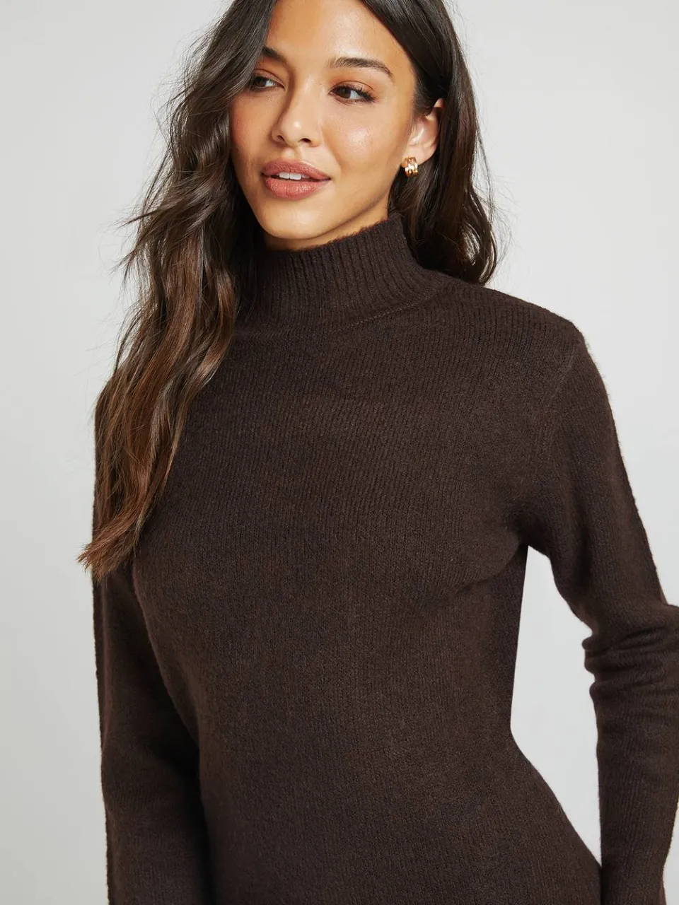 boohoo Dames Hoge Hals Superzachte Gebreide Mini-Jurk chocoladebruin, foto 3