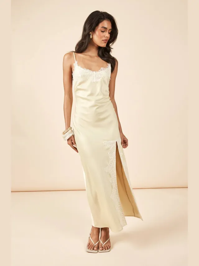 boohoo Dames Satijnen & Kanten Midaxi Slip Jurk Citroen