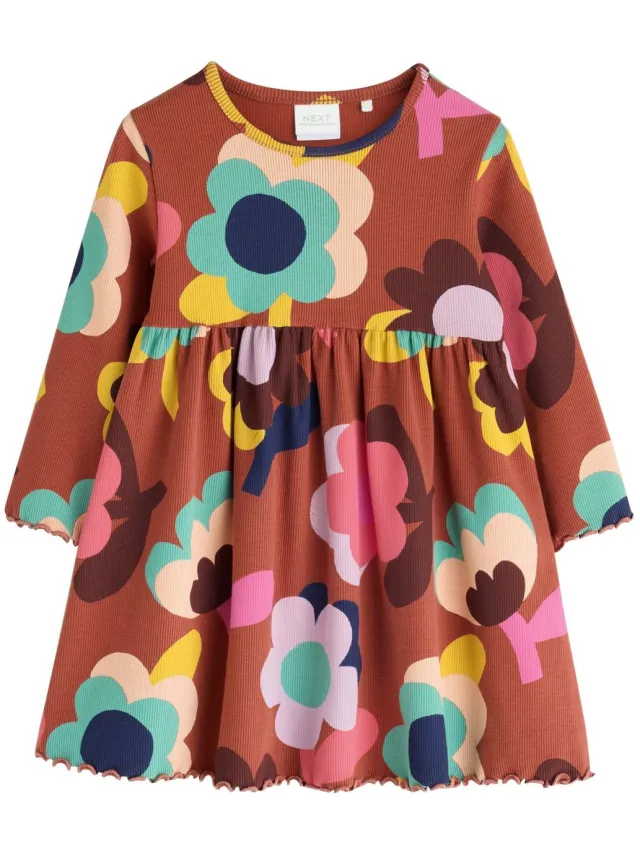 Next Meisjes - Geribbelde jurk met lange mouwen - Bruin Brown Flowers