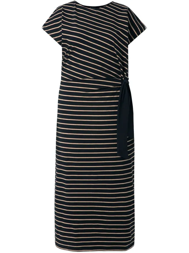 Ulla Popken Dames - Maxi-jurk strepen slim ronde hals korte mouw - Zwart - Maat 58+