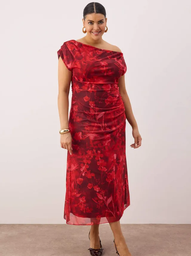 Trendyol Curve Dames Rood Bloemen Midi Mouwloos Casual A-lijn Grote maten Jurk