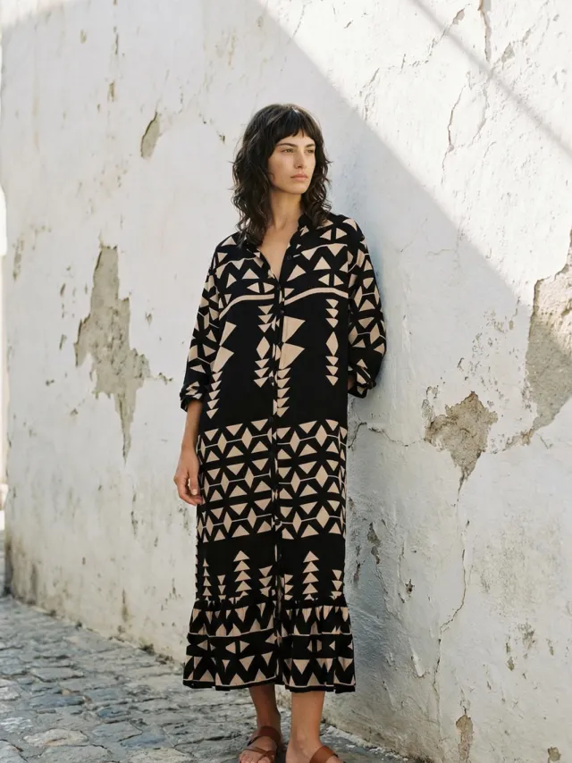 Trendyol TRENDYOLMİLLA Dames Zwart Etnisch patroon Midi Driekwart mouw Avond / Dagelijks Blousejurk Jurken, foto 2