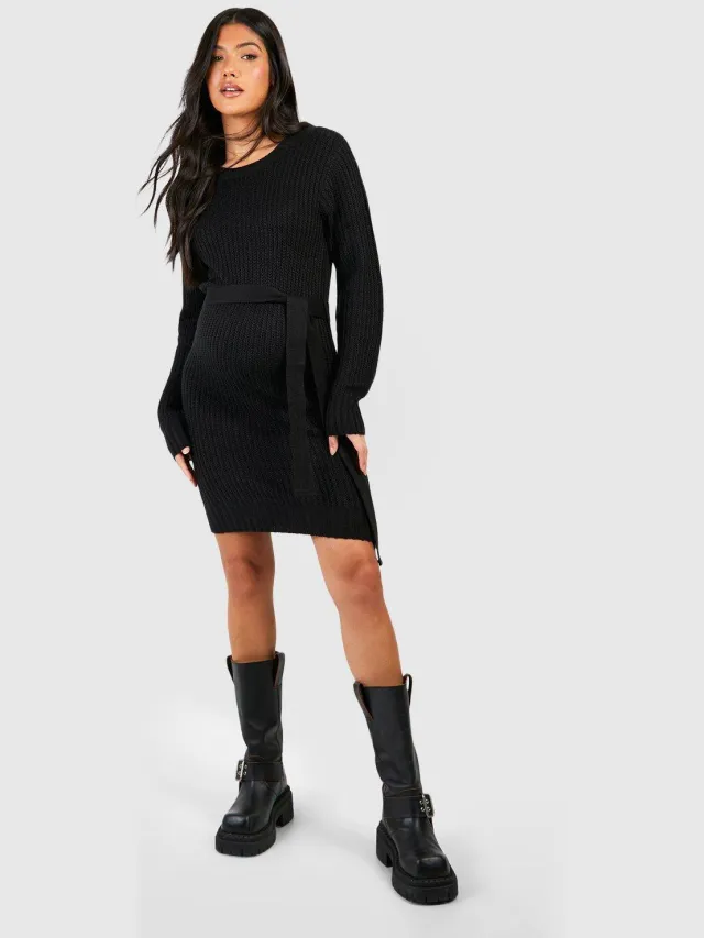 boohoo Dames Maternity Soft Knit Tie Waist Jumper Dress Zwart
