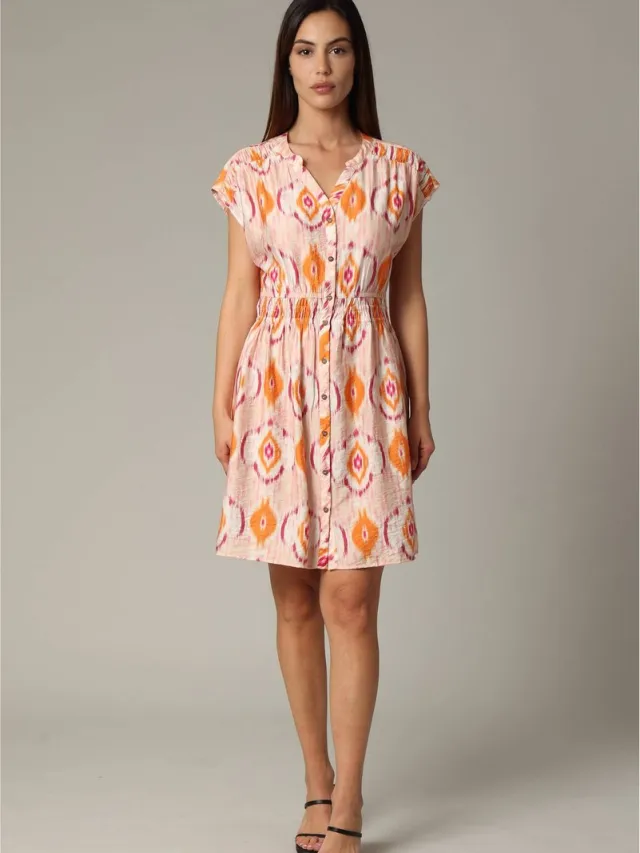 Deeluxe Middellange jurk met etnisch patroon en vleermuismouwen van viscose Orange