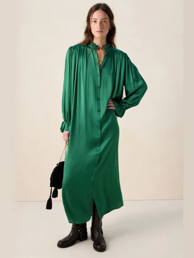 Sissy-Boy Groene satijnen maxi jurk D.Groen
