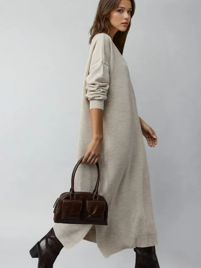 MyFashion Gelaagde Geribbelde Lange Trui Jurk met Sleufdetail Steen