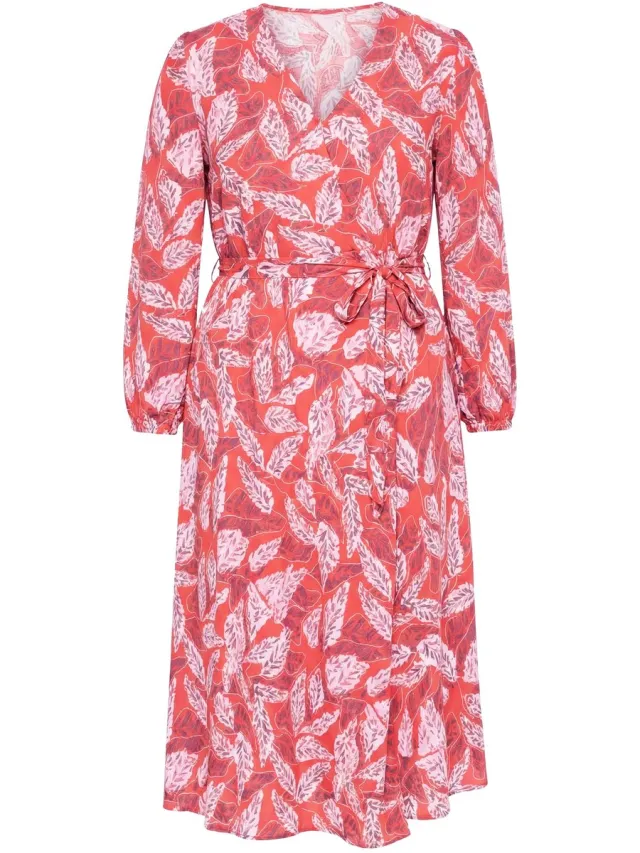 Studio Untold Dames - Maxi-wikkeljurk A-lijn bladerenprint lange mouwen - Saffraan - Maat 46+