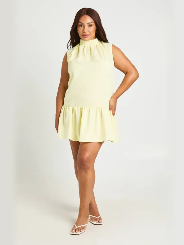 boohoo Dames Plus Hoge Hals Frill Zoom Mini Jurk Citroen