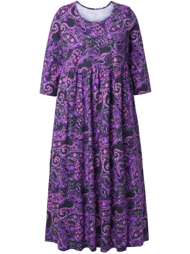Ulla Popken Dames - Maxi-jurk paisley A-lijn ronde hals 3/4-mouw zakken - Zwart - Maat 66+