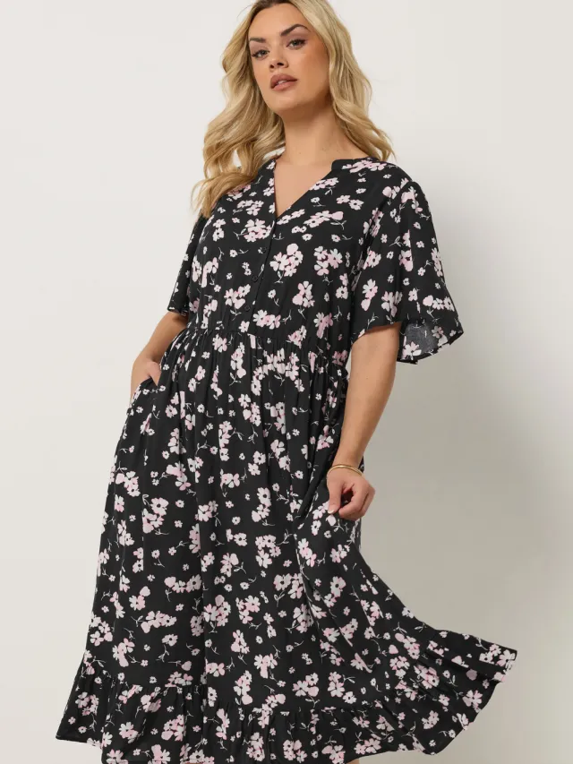 Yours Zwarte Jurk Met Fijne Print En Halve Knoopsluiting Midijurk Black