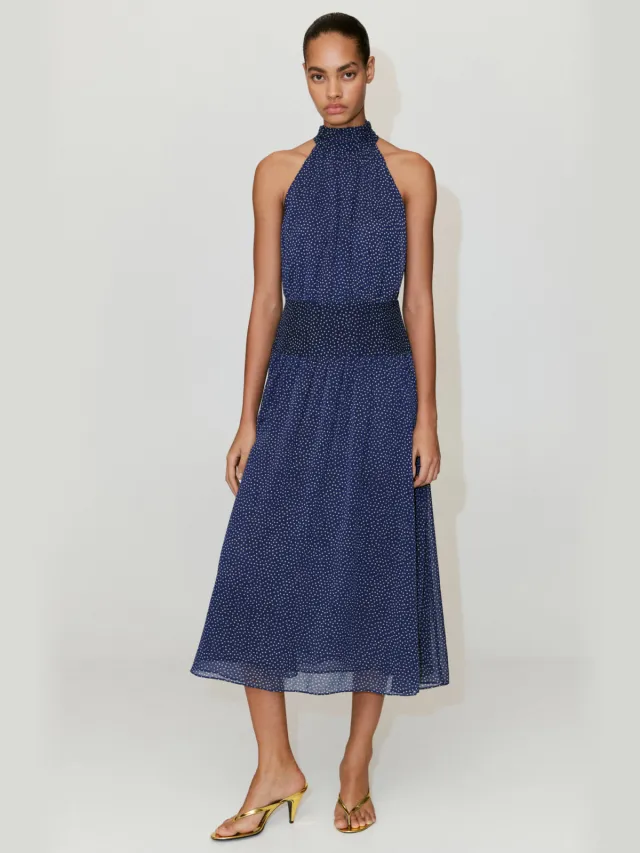Mango midi halter zomerjurk met stippen - blauw Blauw/wit