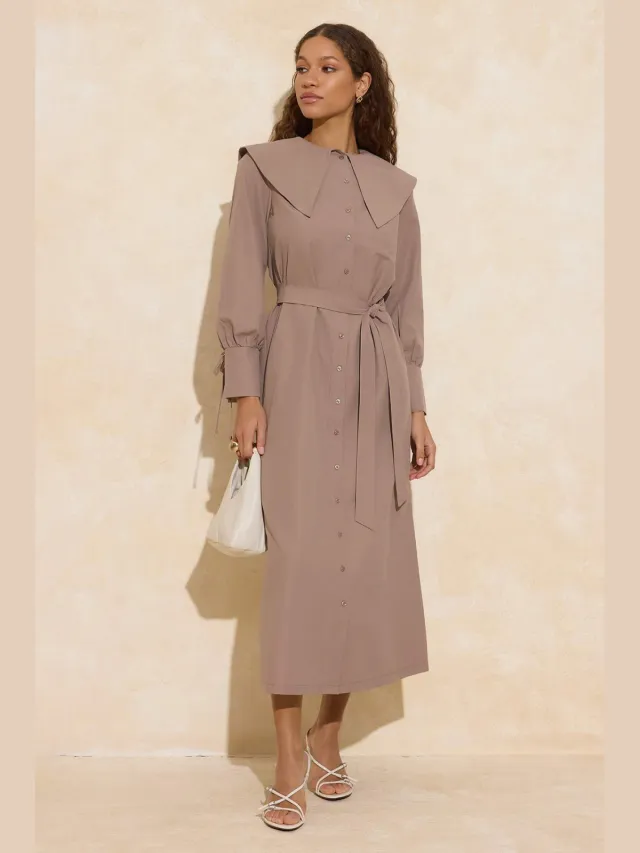 Turkishsouq Bruine platte maxi-jurk voor dames, lange casual/dagelijkse A-lijn jurk met hijab Beige