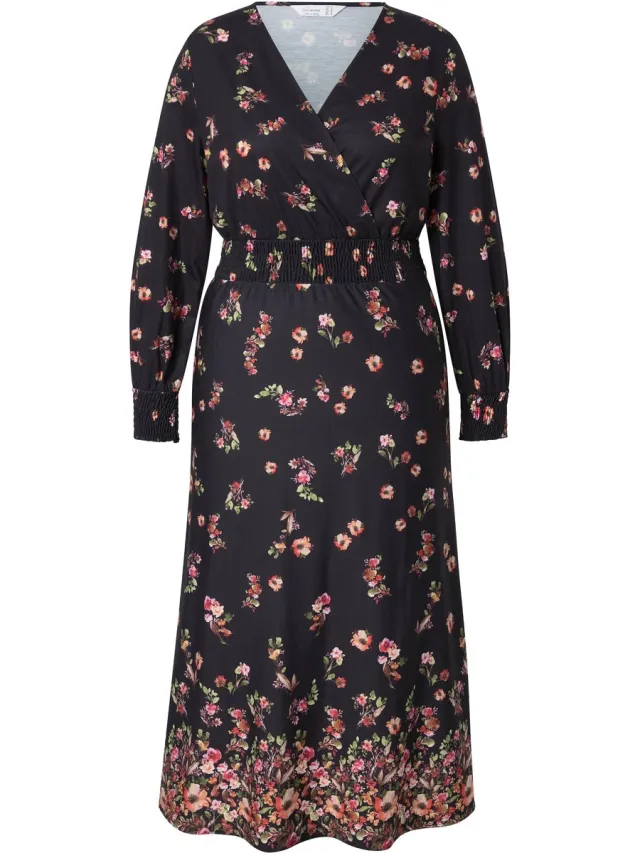 MIAMODA Dames - Maxi-jurk A-lijn bloemenprint lange mouwen - Zwart