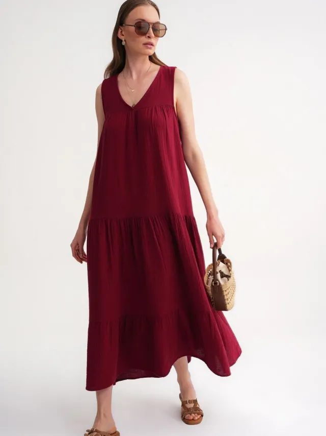 Mixray Mouwloze V-hals Muslin Midi Jurk met Zakken Bordeauxrood