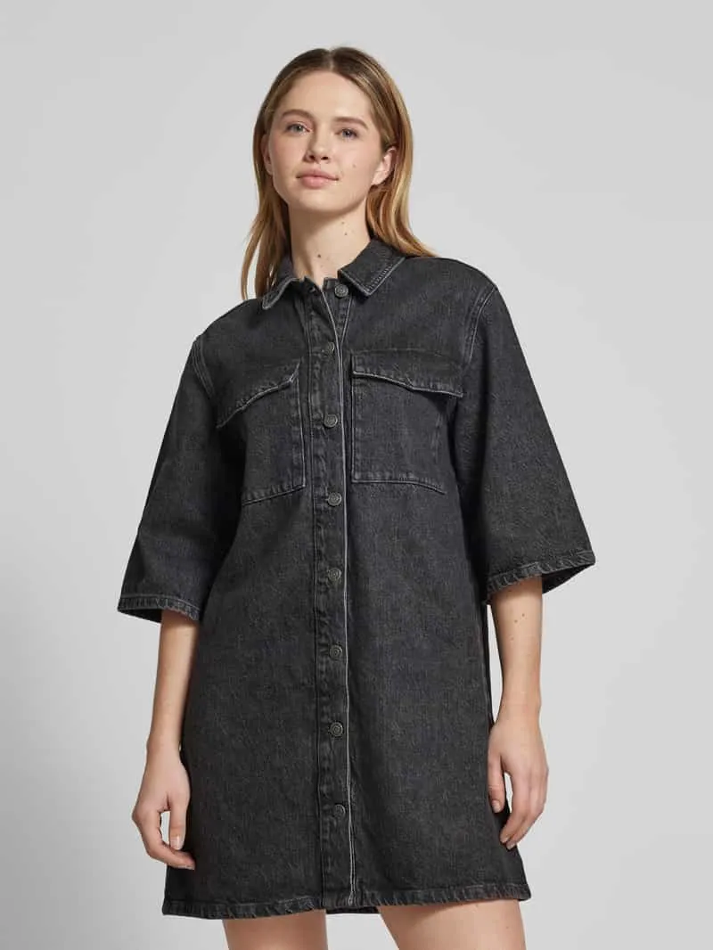 Selected Knielange jeansjurk met paspelzakken op de borst, model 'HARPER' Zwart