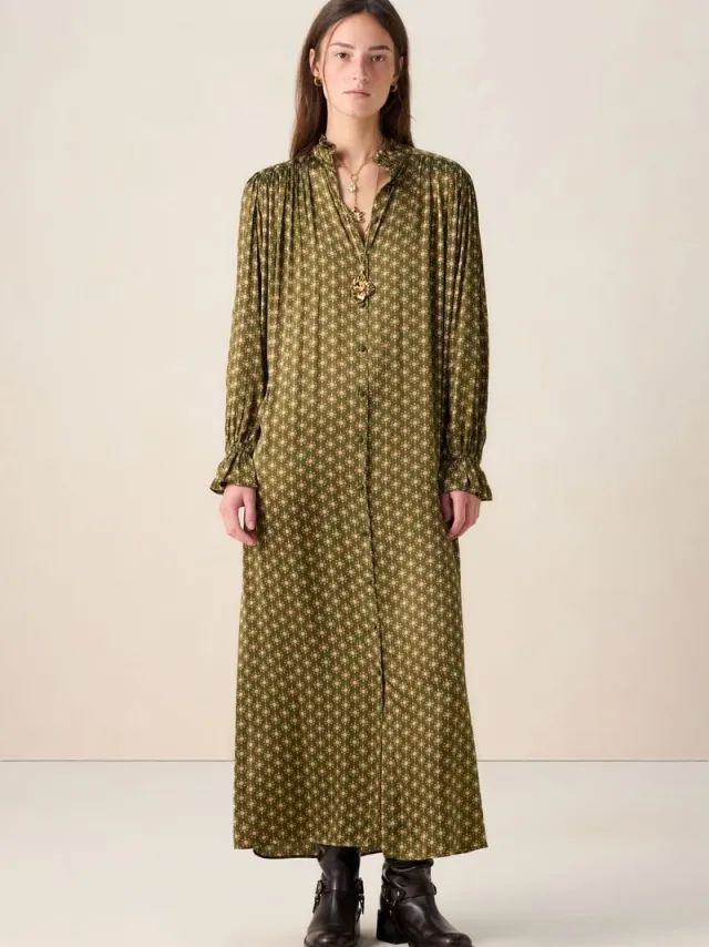 Sissy-Boy Donkergroene maxi jurk met print D.Groen
