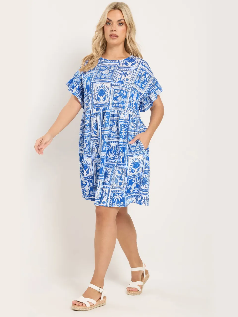 Yours Blauwe Tuniekjurk Met Gemengde Schelpenprint En Ruches Aan De Mouwen, foto 2