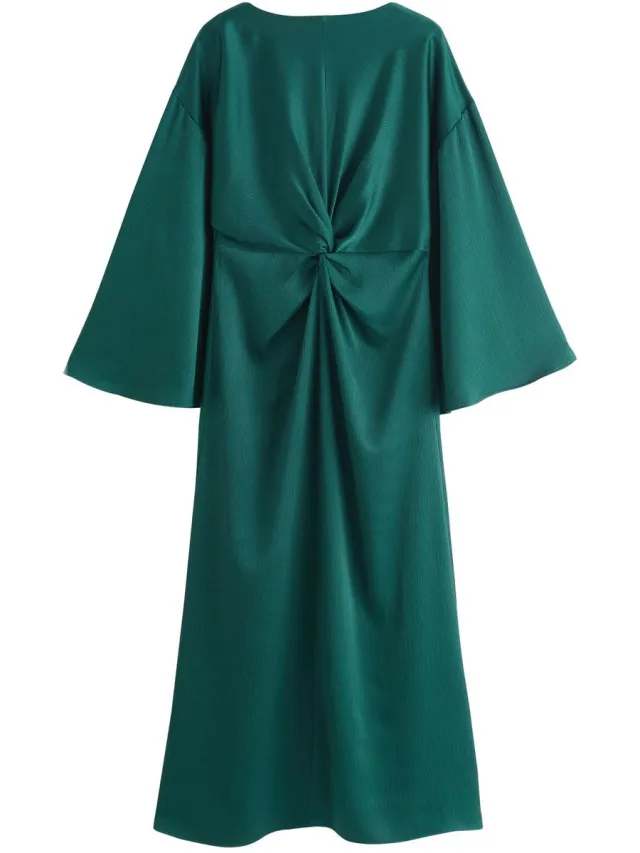 Next Dames - Maxi-jurk van satijn met gedraaide voorkant en lange mouwen - Groen Dark Green