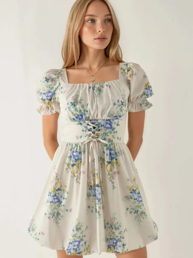 Busem Floral A-lijn Mini-jurk met Strikdetail Crème