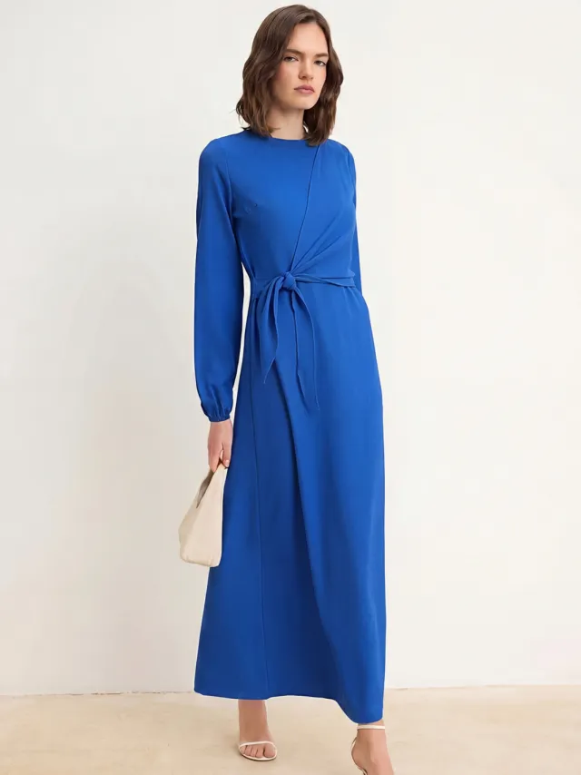 Trendyol Modest Dames Blauw Effen Maxi Lang Casual Double-breasted Modest Jurken Kobaltblauw