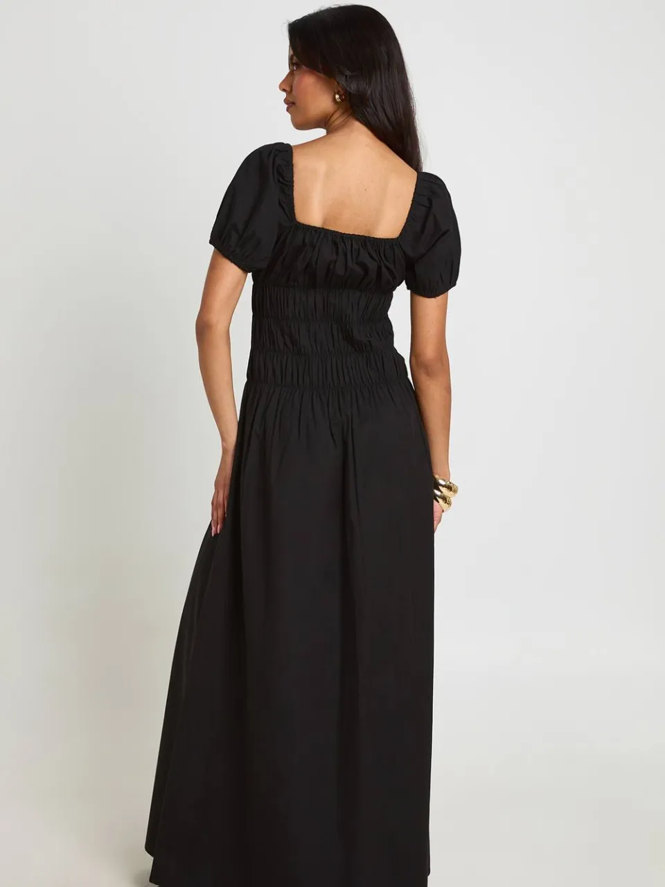 boohoo Dames Katoenen Popeline Maxi Jurk Met Gerimpeld Lijfje En Pofmouwen zwart, foto 2