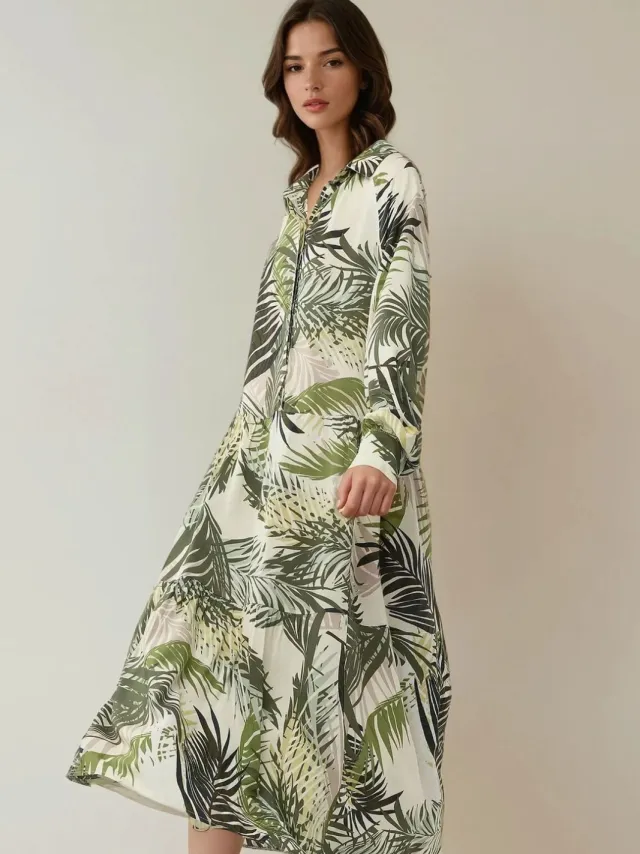 Hiccup Shirtkraag Bloemenpatroon Maxi-jurk kaki, foto 2