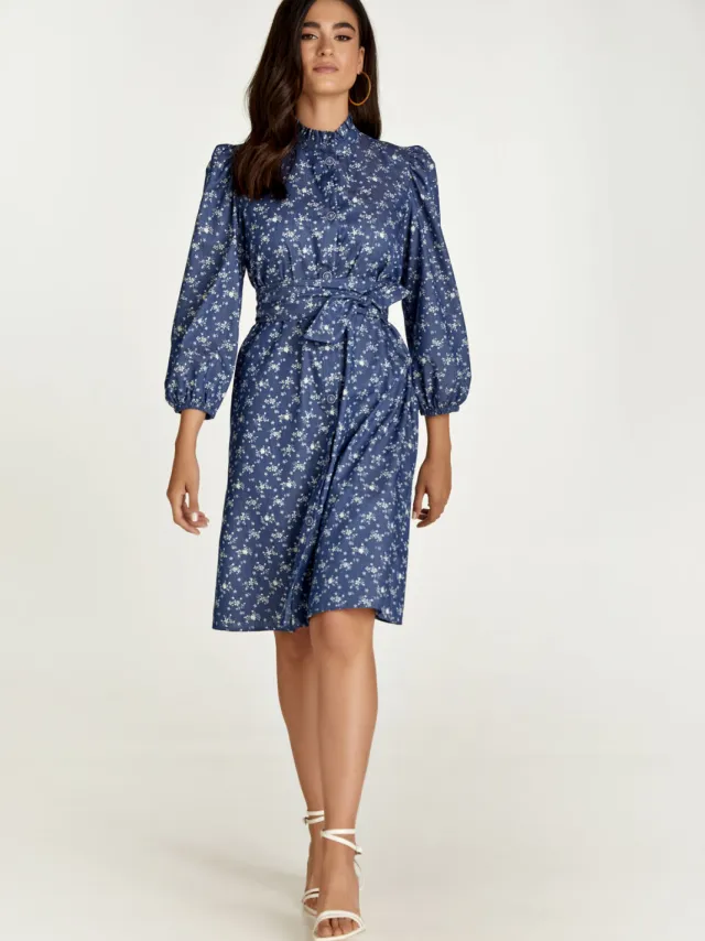 Conquista Indigo bloemen jurk met lange mouwen Indigoblauw