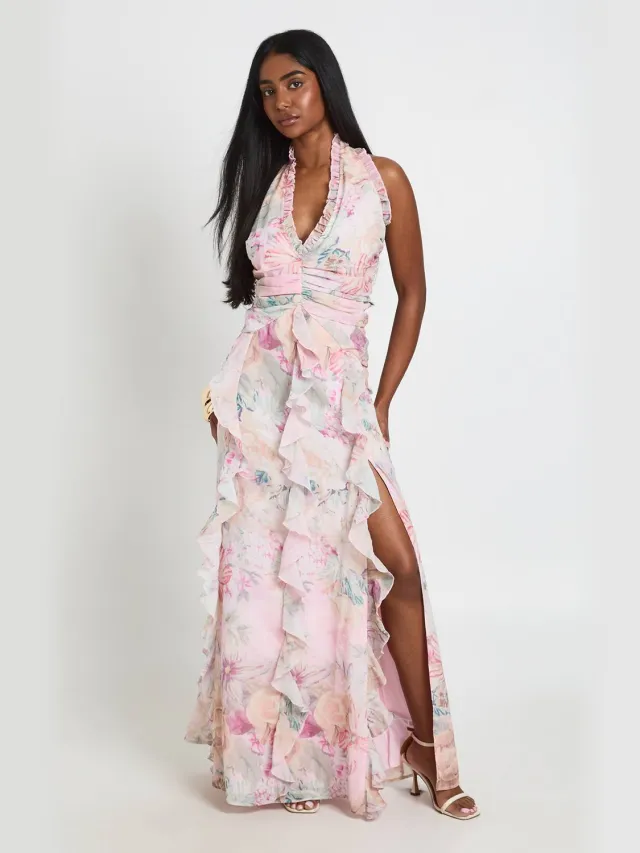 boohoo Dames Chiffon Bloemenprint Maxi Jurk Met Ruches En Halternek Perzik