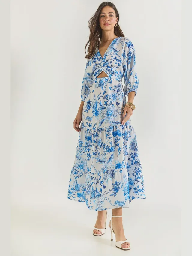 Bianco Lucci V-hals Bloemen Maxi Jurk met Strik Hemelsblauw