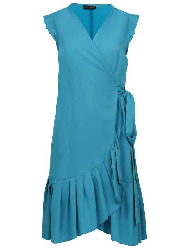 Conquista Blauwgroene Mouwloze Wikkeljurk met Ruches in Viscose Poplin Turquoise