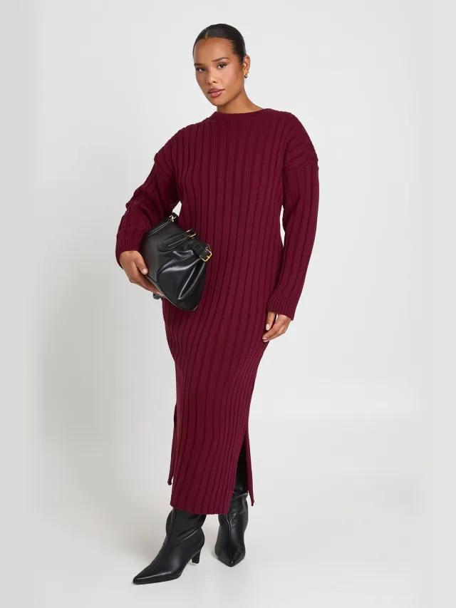 boohoo Dames Plus Grofgebreide Midaxi Jurk Met Brede Ribbels Bordeaux Rood