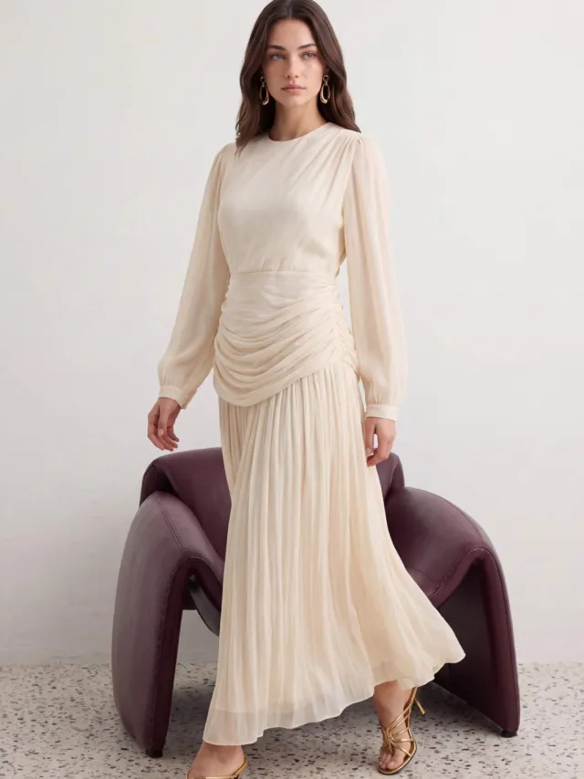 Trendyol Modest Dames Ecru Effen Maxi Lang Stijlvol/Avond Skater Modest Avond Jurken, foto 2