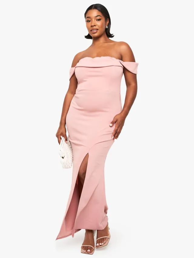 boohoo Dames Plus Bardot Gerafelde Wikkel Maxi-Jurk Blush