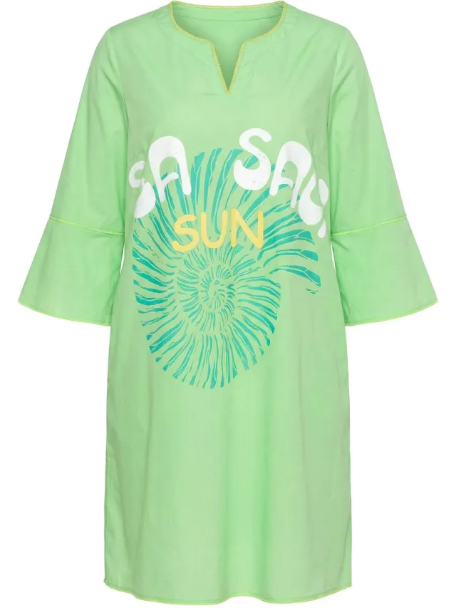 Laurasøn Dames - Tuniekjurk driekwart mouwen A-lijn print - Neon appelgroen - Maat 40+