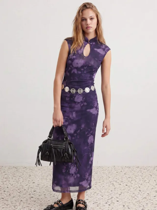 Trendyol TRENDYOLMİLLA Dames Paars Abstract Maxi Mouwloos Bodycon Jurken, foto 2