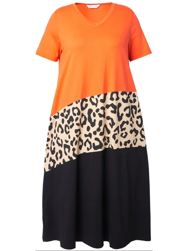 MIAMODA Dames - Jurk A-lijn colorblocking met dierenprint - Mandarijn