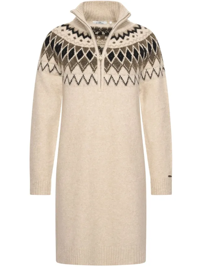 HV Society jurk ecru gebreid met jacquardmotief en halve rits voor dames - 3XL (46)
