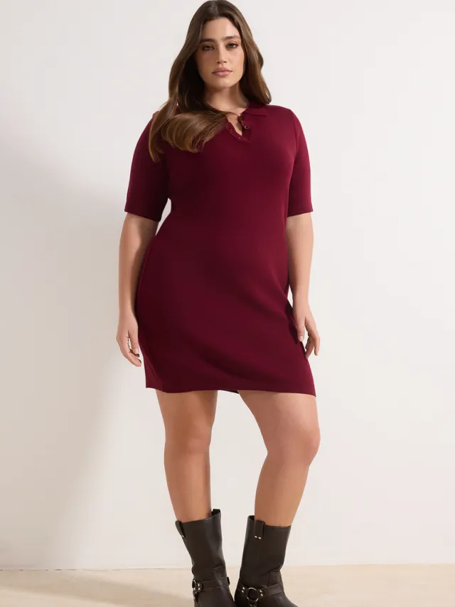 Trendyol Curve Dames Bordeaux Effen Kort / Mini Kort Casual Recht Grote maten Jurk Bordeauxrood
