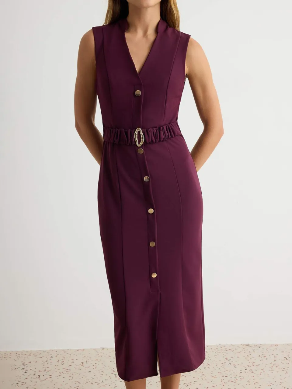 Trendyol TRENDYOLMİLLA Dames Paars Effen Midi Mouwloos Bodycon Jurken, foto 2