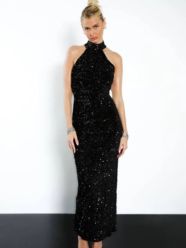 boohoo Dames Fluwelen Pailletten Halternek Slip Maxi Jurk Zwart