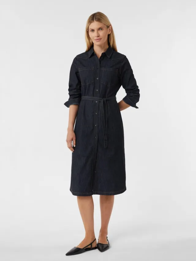 Comma female - Lichtgewicht denim jurk in midi lengte met strikceintuur navy