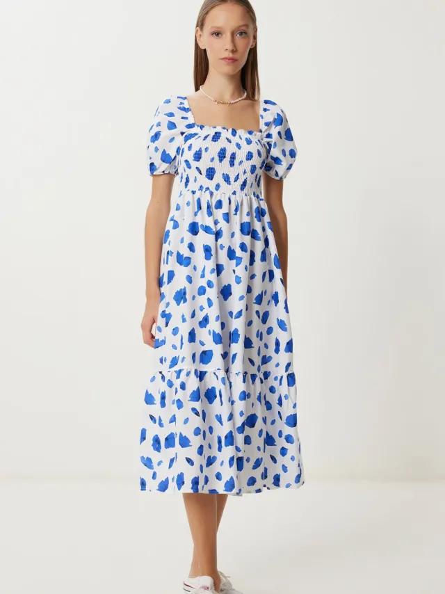Happiness Istanbul Rimpelige abstracte print A-lijn midi jurk met vierkante kraag Blauw