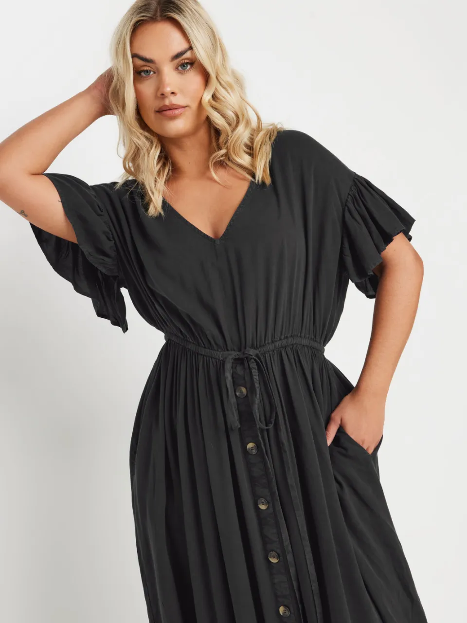 Yours Chambray Maxi Jurk Met Korte Mouwen En Knoopdetail In Zwart-52, foto 4