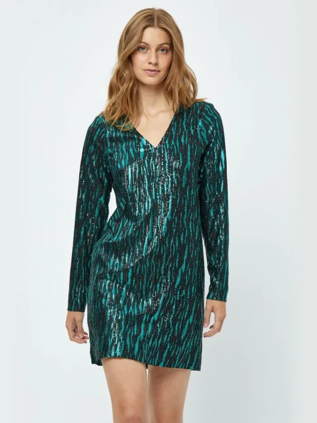 Minus Caia V-Neck Short Glitter Dress Jade Green Groen