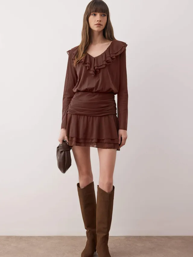 Trendyol TRENDYOLMİLLA Dames Bruin Effen Kort / Mini Lang Casual Skater Jurken