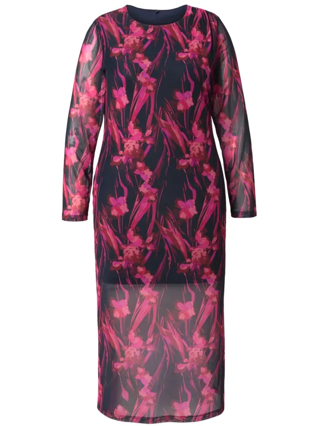 Ulla Popken Dames - Maxi-jurk van mesh plooitjes ronde hals lange mouwen - Marine