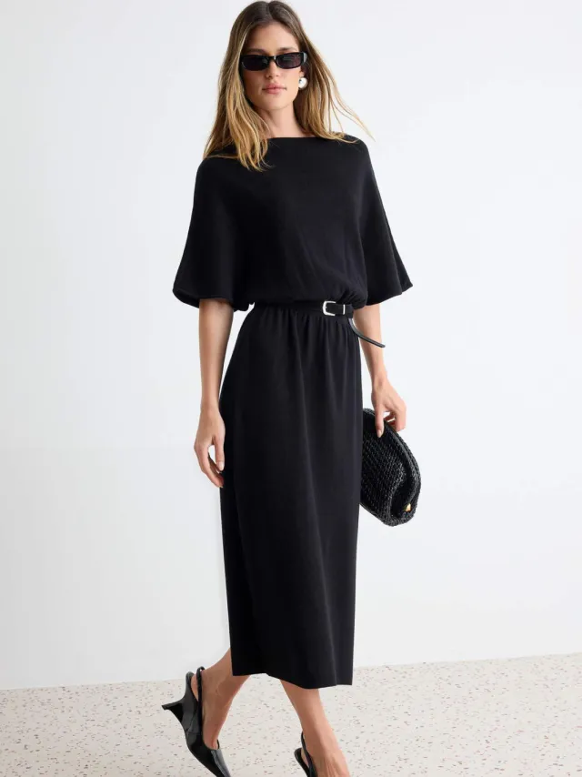 Trendyol TRENDYOLMİLLA Dames Zwart Effen Maxi Driekwart mouw Skater Jurken